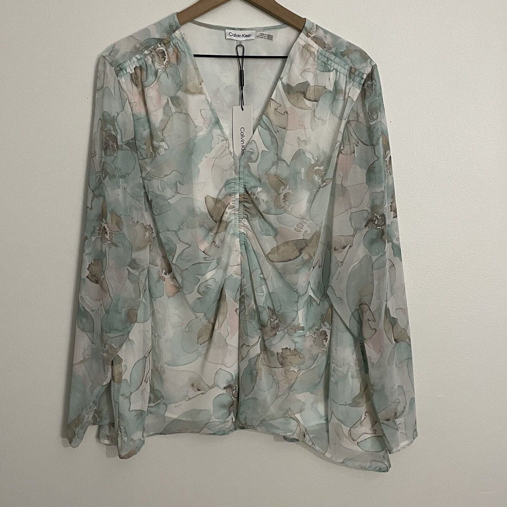 Calvin Klein Ruched Chiffon Blouse Women’s 2X Watercolor Floral Long Slv Aqua